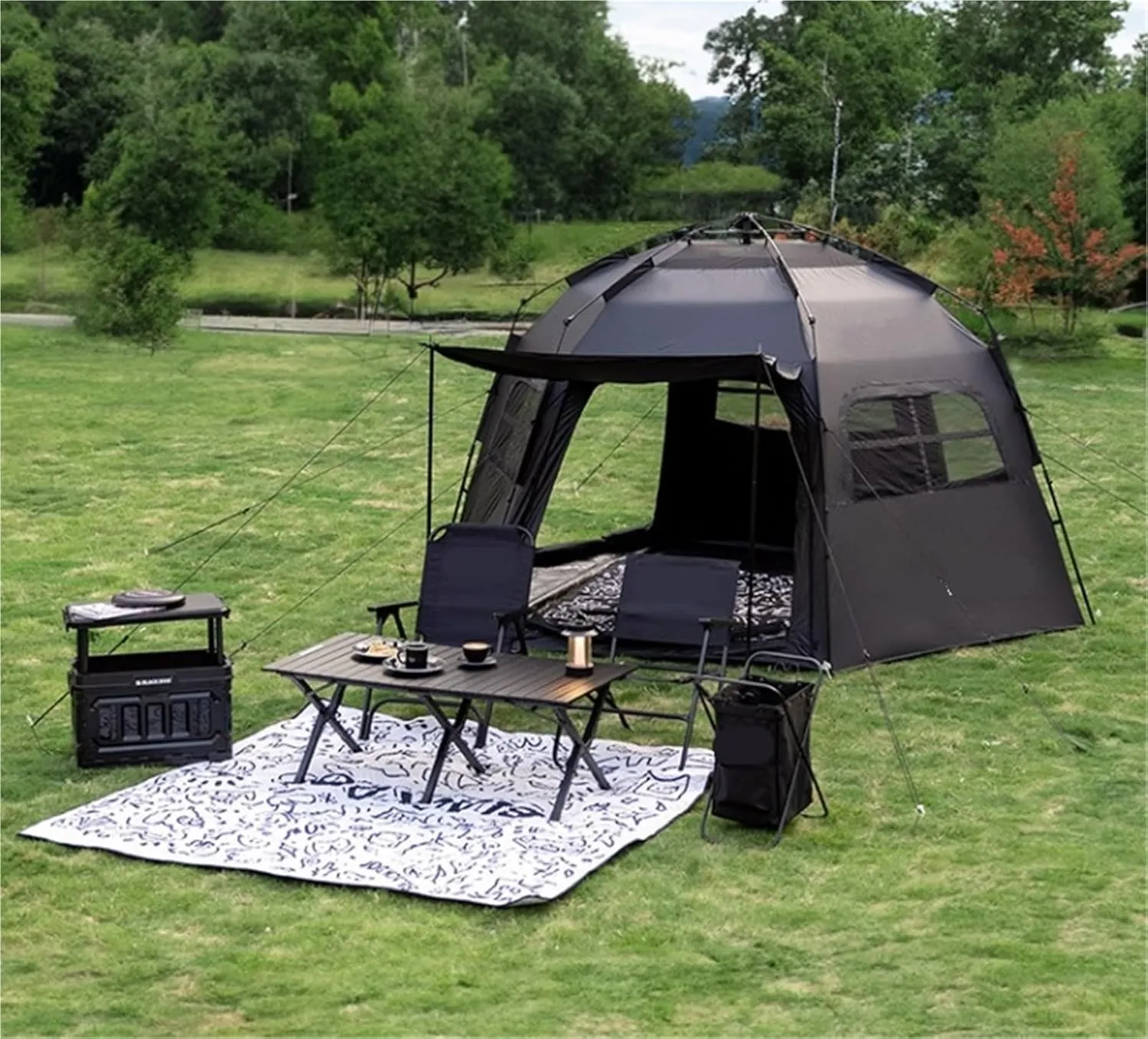 Outdoor Hexagonal Quick-Open Camping Tent Portable Folding Black Glue Rainproof