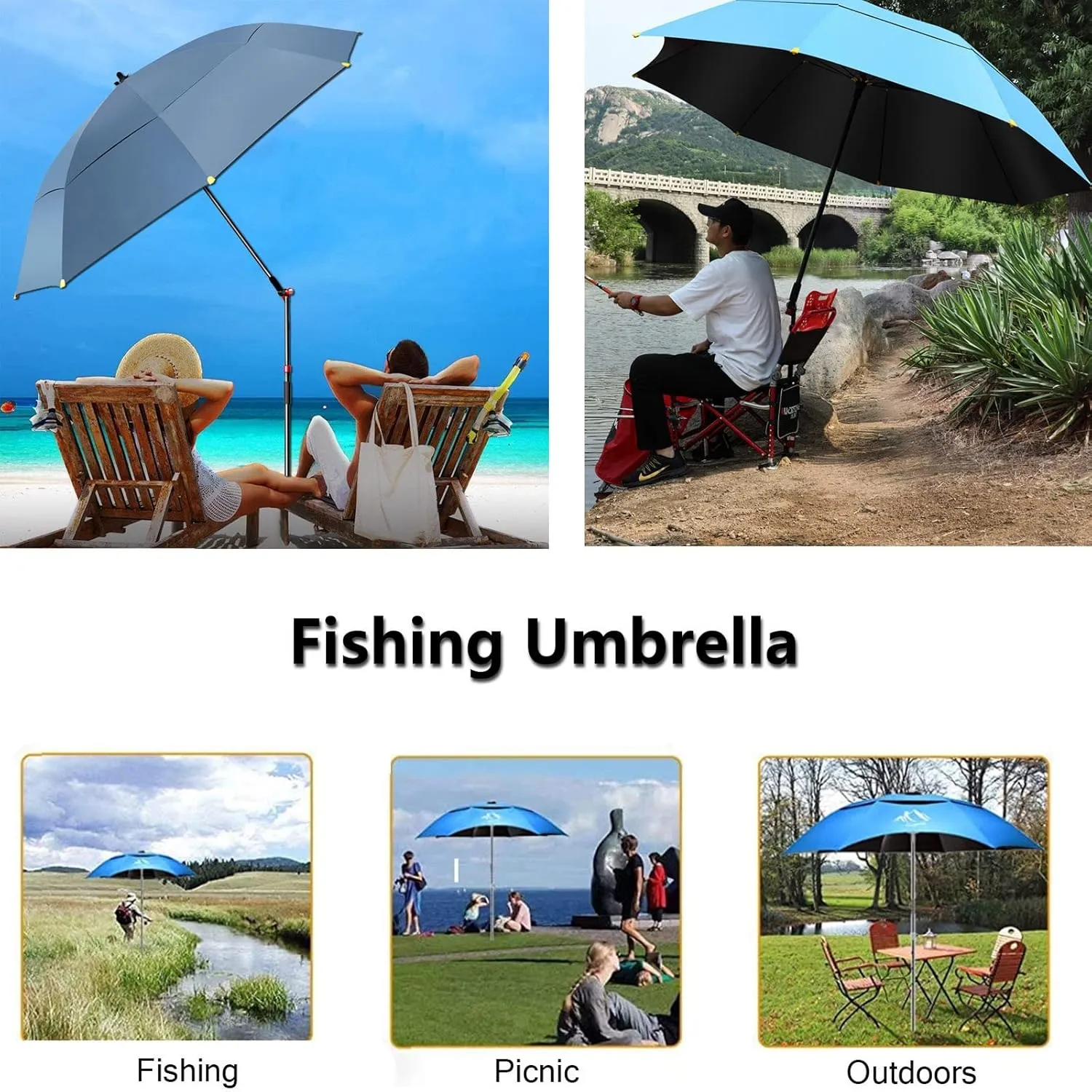 Outdoor Parasol Umbrellas for Fishing Shelters - Multi-Purpose Sun Umbrella for Garden - Beach Sunshade, Sun Protection Heat Insulation - Rainproof Windproof, 360° Adjustment (Blue 220cm/7.2ft)