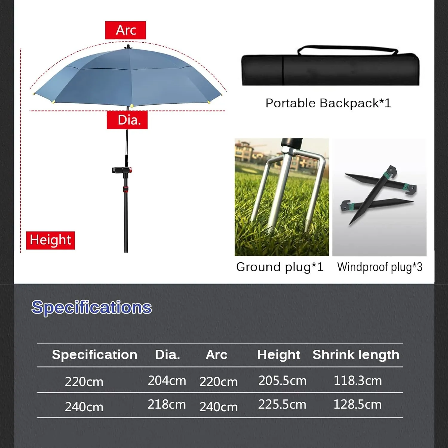 Outdoor Parasol Umbrellas for Fishing Shelters - Multi-Purpose Sun Umbrella for Garden - Beach Sunshade, Sun Protection Heat Insulation - Rainproof Windproof, 360° Adjustment (Blue 220cm/7.2ft)