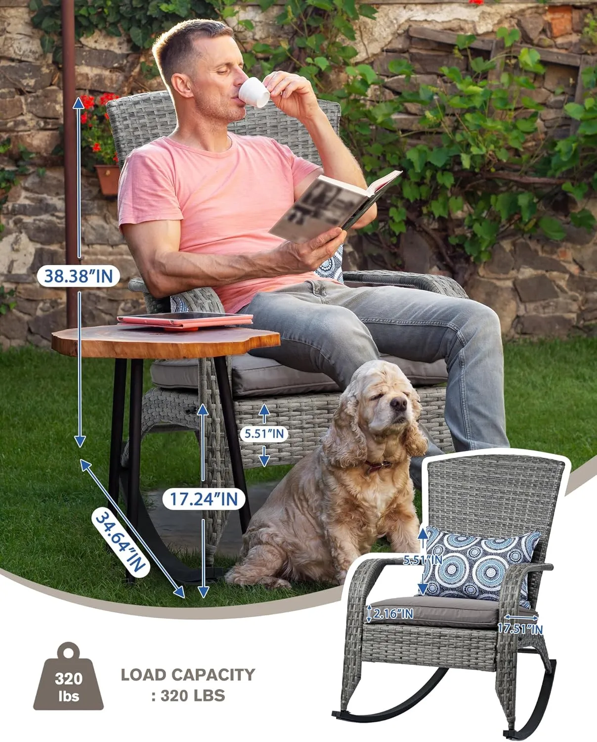 Outdoor Rocking Chair- Rattan Patio Rocker Chairs with Cushions and Steel Frame- All Weather Outdoor Rocker Chair with 2 Replaceable Cushion Covers (Blue & Grey), 320lbs