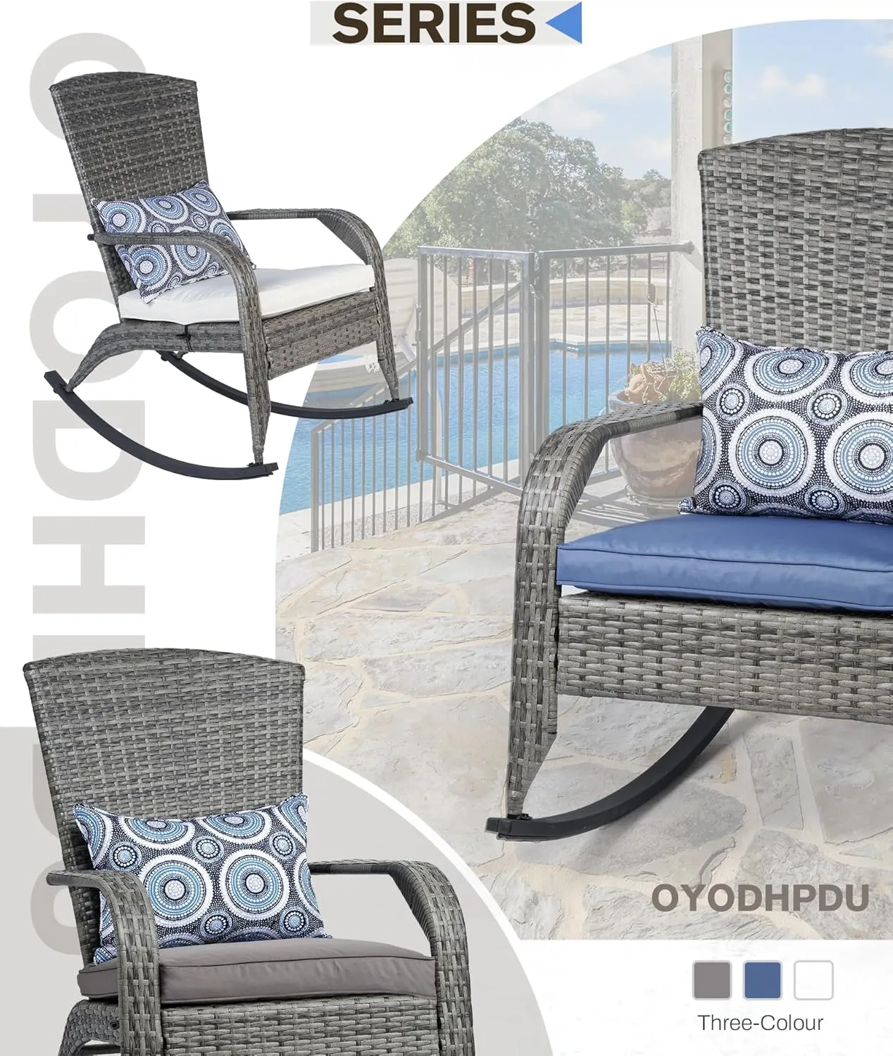 Outdoor Rocking Chair- Rattan Patio Rocker Chairs with Cushions and Steel Frame- All Weather Outdoor Rocker Chair with 2 Replaceable Cushion Covers (Blue & Grey), 320lbs