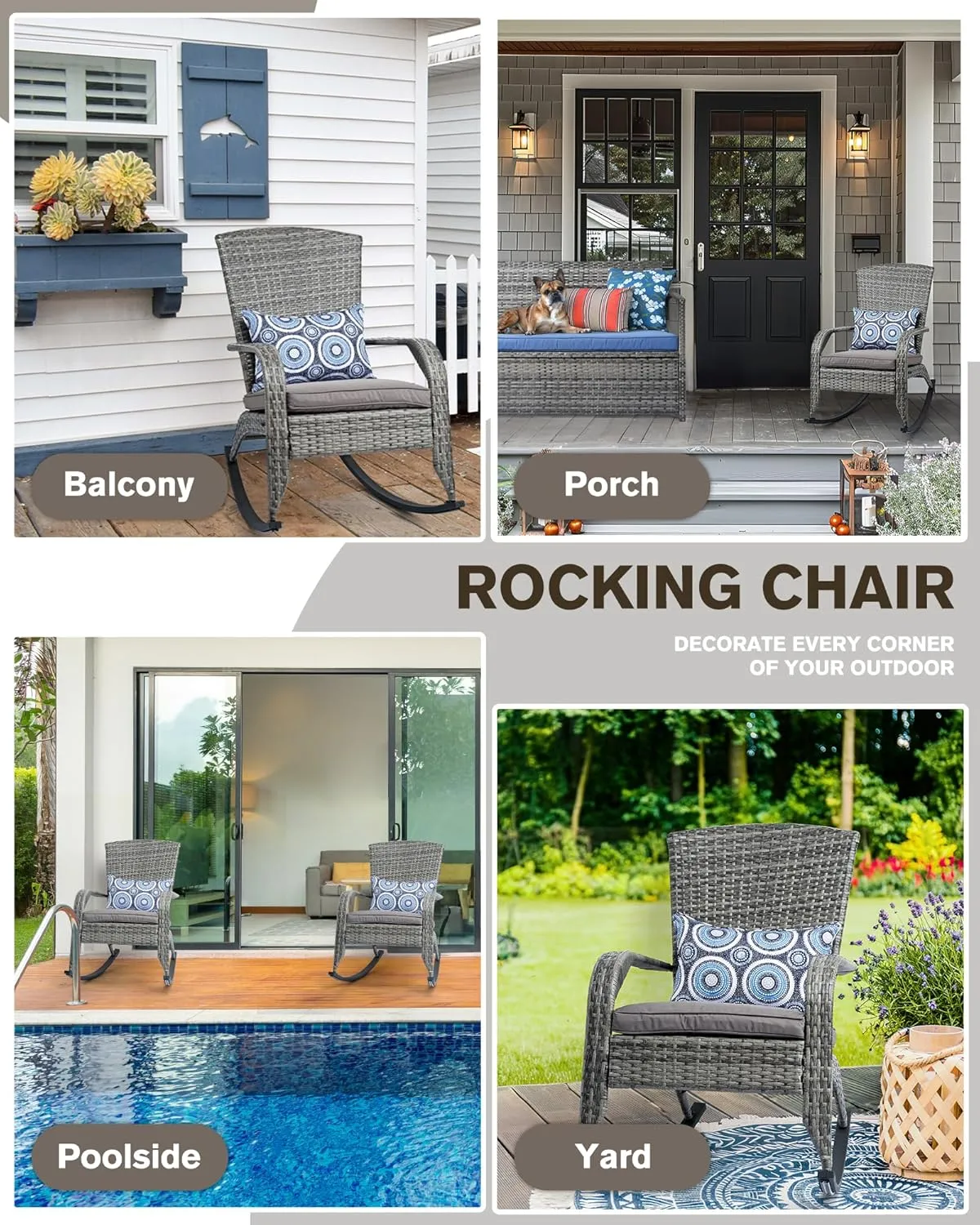Outdoor Rocking Chair- Rattan Patio Rocker Chairs with Cushions and Steel Frame- All Weather Outdoor Rocker Chair with 2 Replaceable Cushion Covers (Blue & Grey), 320lbs
