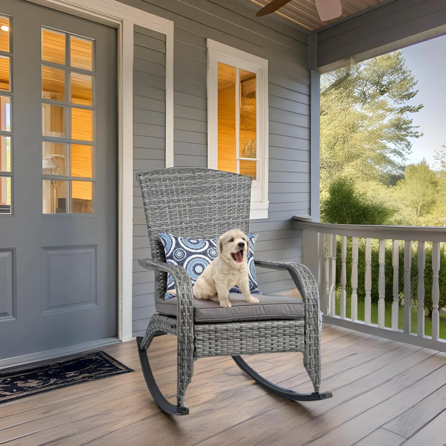 Outdoor Rocking Chair- Rattan Patio Rocker Chairs with Cushions and Steel Frame- All Weather Outdoor Rocker Chair with 2 Replaceable Cushion Covers (Blue & Grey), 320lbs