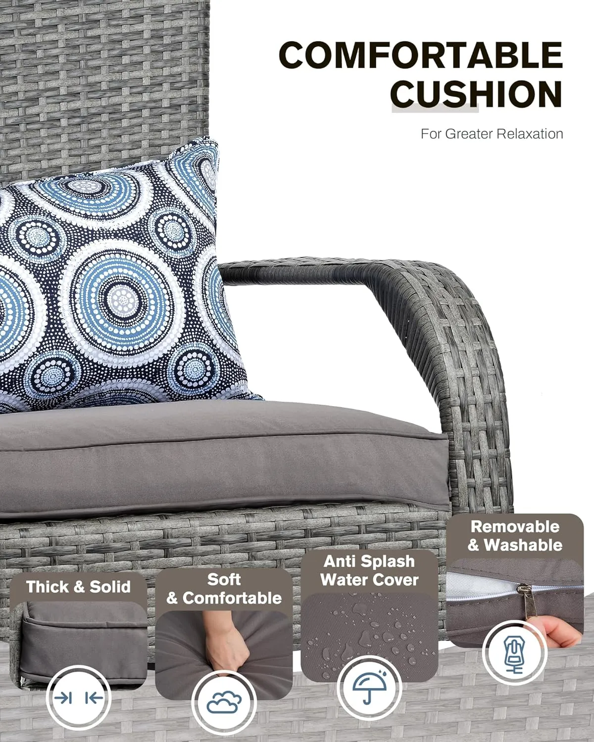 Outdoor Rocking Chair- Rattan Patio Rocker Chairs with Cushions and Steel Frame- All Weather Outdoor Rocker Chair with 2 Replaceable Cushion Covers (Blue & Grey), 320lbs