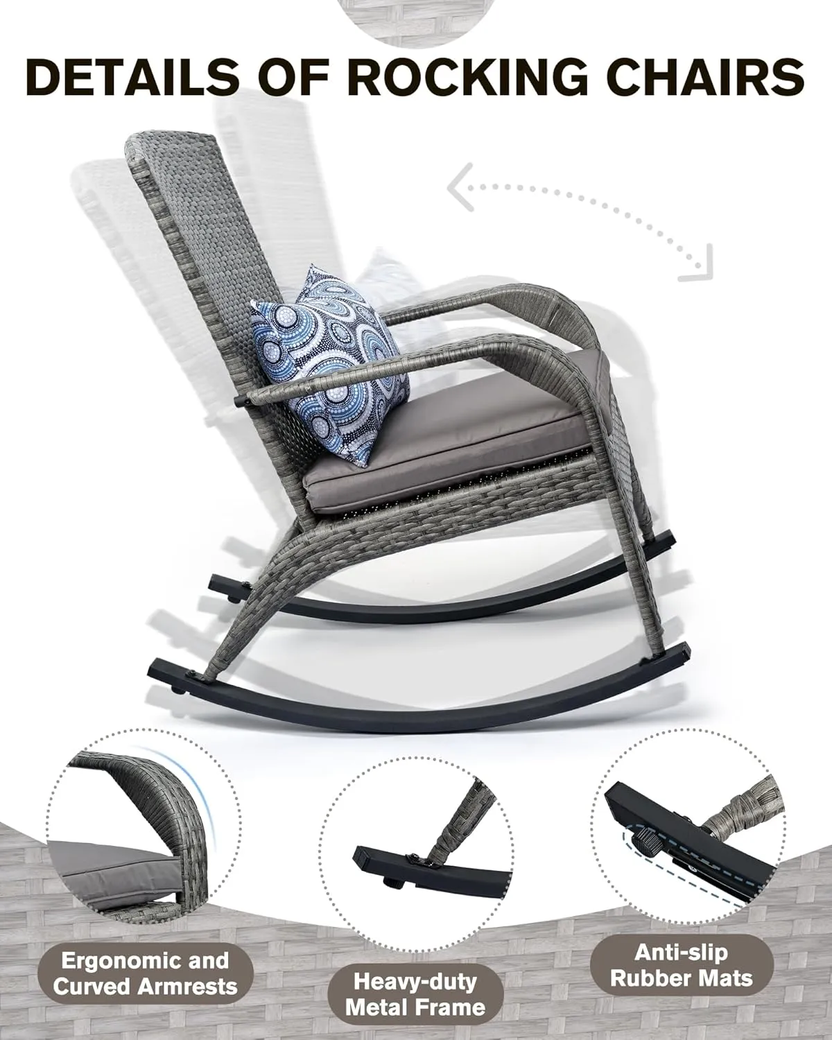 Outdoor Rocking Chair- Rattan Patio Rocker Chairs with Cushions and Steel Frame- All Weather Outdoor Rocker Chair with 2 Replaceable Cushion Covers (Blue & Grey), 320lbs