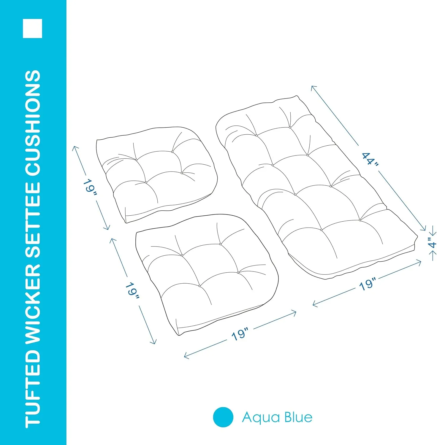 Outdoor/Indoor All Weather Tufted Wicker Chair Cushions of 3 Pieces, 1 Loveseat and 2 U-Shape Waterproof Cushions for Patio Furniture,Wicker Loveseat,Bench-Aqua Blue