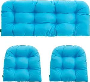Outdoor/Indoor All Weather Tufted Wicker Chair Cushions of 3 Pieces, 1 Loveseat and 2 U-Shape Waterproof Cushions for Patio Furniture,Wicker Loveseat,Bench-Aqua Blue