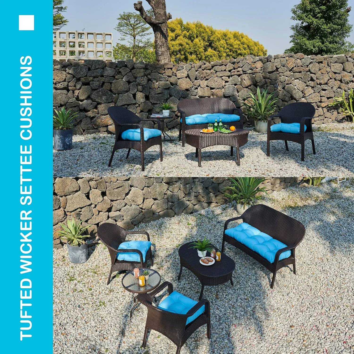 Outdoor/Indoor All Weather Tufted Wicker Chair Cushions of 3 Pieces, 1 Loveseat and 2 U-Shape Waterproof Cushions for Patio Furniture,Wicker Loveseat,Bench-Aqua Blue