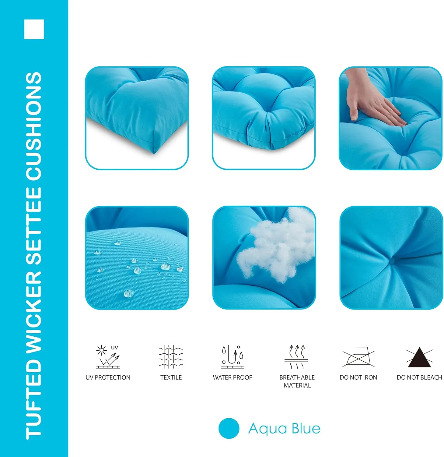 Outdoor/Indoor All Weather Tufted Wicker Chair Cushions of 3 Pieces, 1 Loveseat and 2 U-Shape Waterproof Cushions for Patio Furniture,Wicker Loveseat,Bench-Aqua Blue