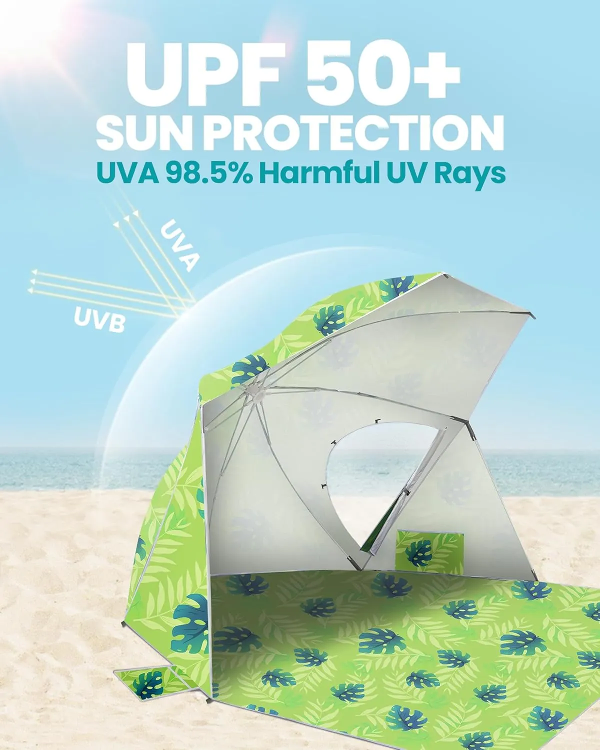 OutdoorMaster Pop Up Beach Umbrella, Portable Beach Tent Shelter, Beach Shade Sun Canopy with UPF 50  UV Protection, Extendable Floor with Carrying Bag
