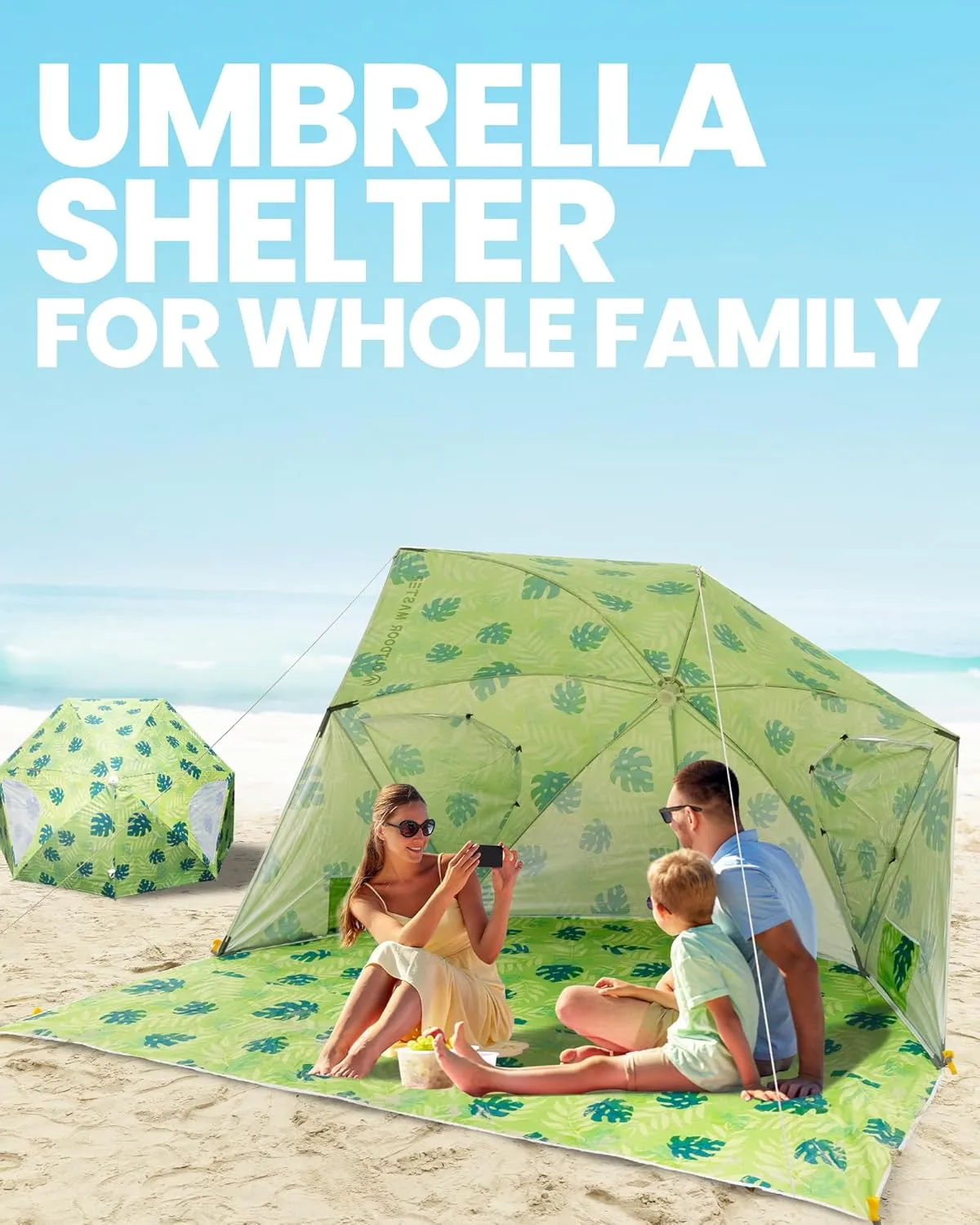 OutdoorMaster Pop Up Beach Umbrella, Portable Beach Tent Shelter, Beach Shade Sun Canopy with UPF 50  UV Protection, Extendable Floor with Carrying Bag