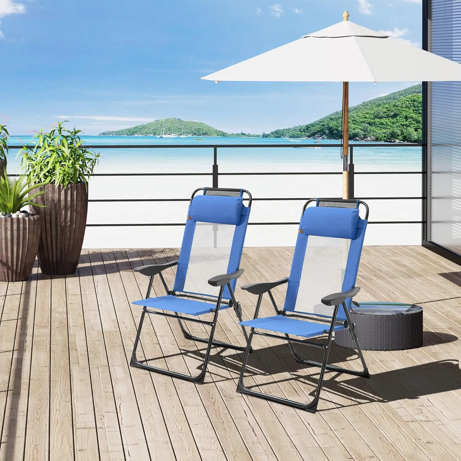 Outsunny Folding Patio Dining Chairs Set of 2, Outdoor Deck Chair with Adjustable Sling Back, Camping Chair with Removable Headrest for Garden, Backyard, Lawn, Blue