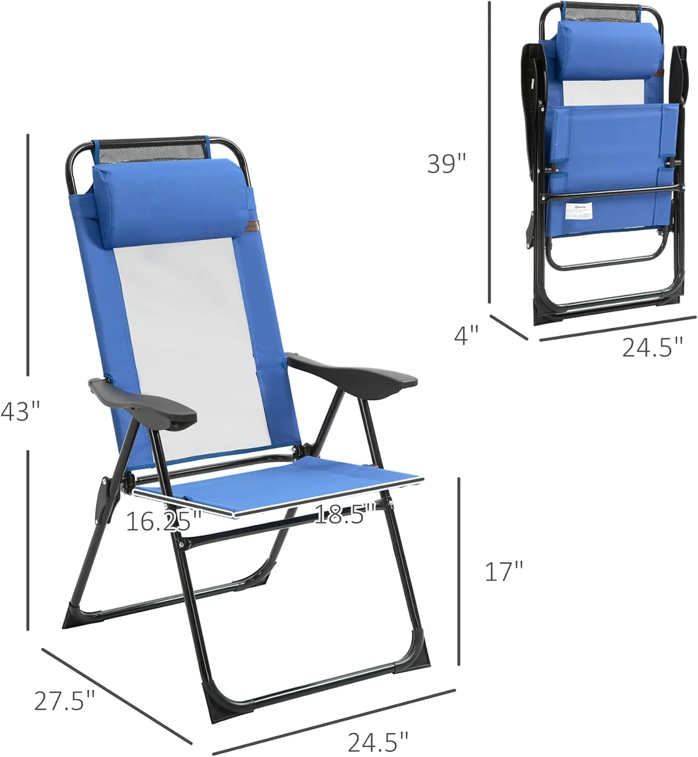 Outsunny Folding Patio Dining Chairs Set of 2, Outdoor Deck Chair with Adjustable Sling Back, Camping Chair with Removable Headrest for Garden, Backyard, Lawn, Blue
