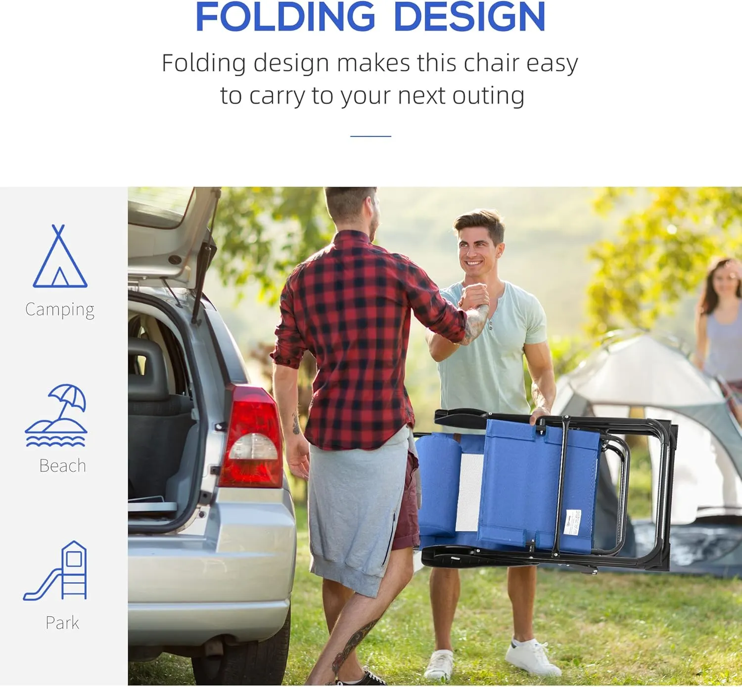 Outsunny Folding Patio Dining Chairs Set of 2, Outdoor Deck Chair with Adjustable Sling Back, Camping Chair with Removable Headrest for Garden, Backyard, Lawn, Blue