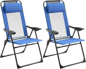 Outsunny Folding Patio Dining Chairs Set of 2, Outdoor Deck Chair with Adjustable Sling Back, Camping Chair with Removable Headrest for Garden, Backyard, Lawn, Blue