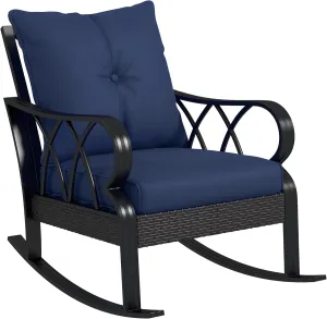 Outsunny Outdoor Wicker Rocking Chair with Padded Cushions, Aluminum Furniture Rattan Porch Rocker Chair w/Armrest for Garden, Patio, and Backyard, Navy Blue