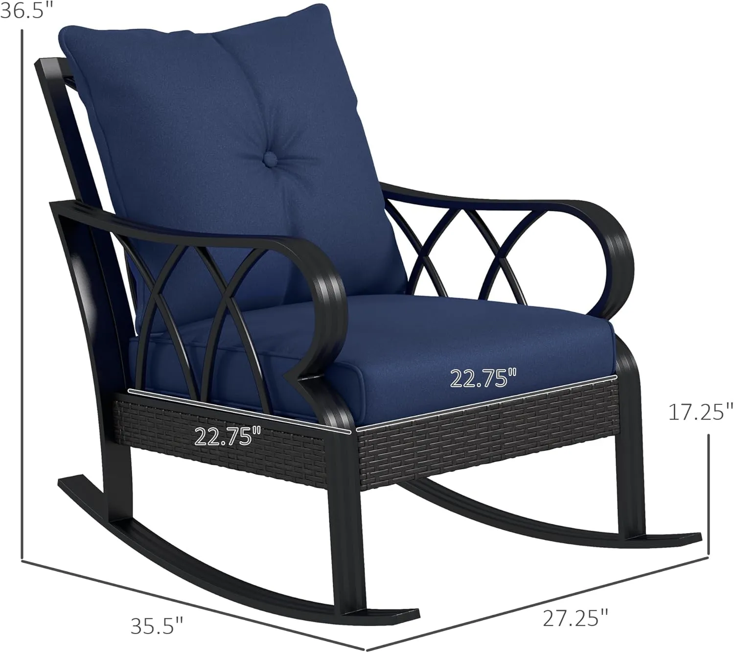 Outsunny Outdoor Wicker Rocking Chair with Padded Cushions, Aluminum Furniture Rattan Porch Rocker Chair w/Armrest for Garden, Patio, and Backyard, Navy Blue