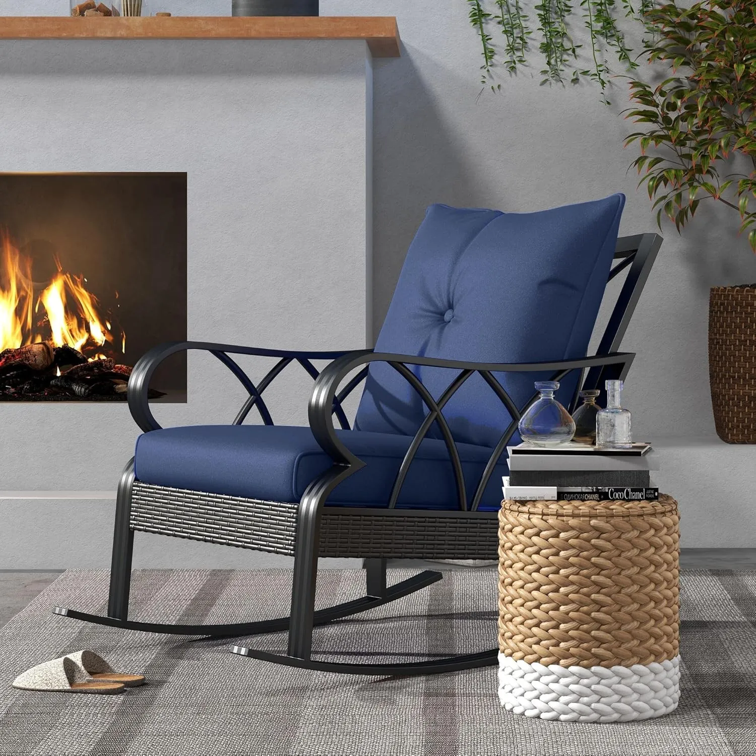Outsunny Outdoor Wicker Rocking Chair with Padded Cushions, Aluminum Furniture Rattan Porch Rocker Chair w/Armrest for Garden, Patio, and Backyard, Navy Blue