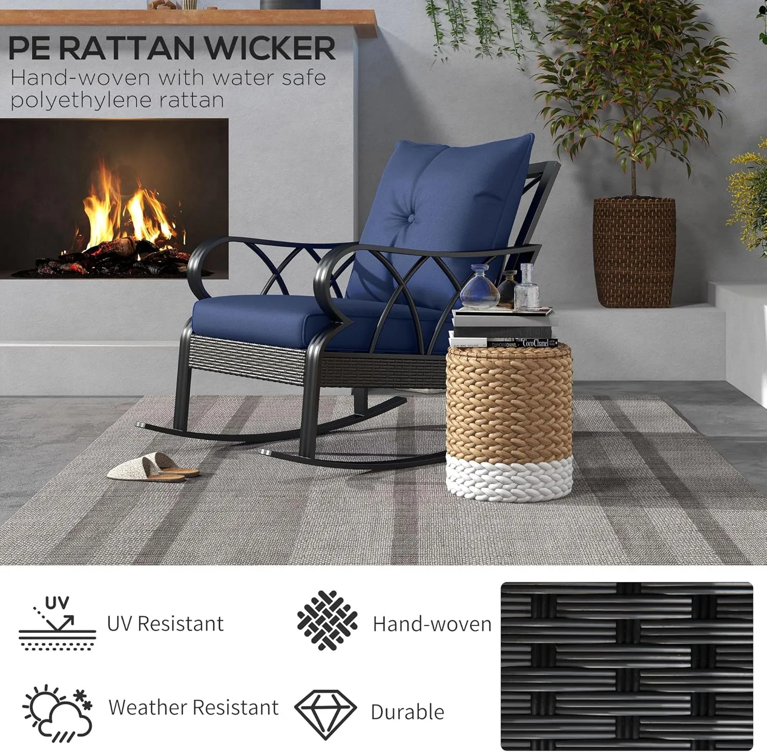 Outsunny Outdoor Wicker Rocking Chair with Padded Cushions, Aluminum Furniture Rattan Porch Rocker Chair w/Armrest for Garden, Patio, and Backyard, Navy Blue