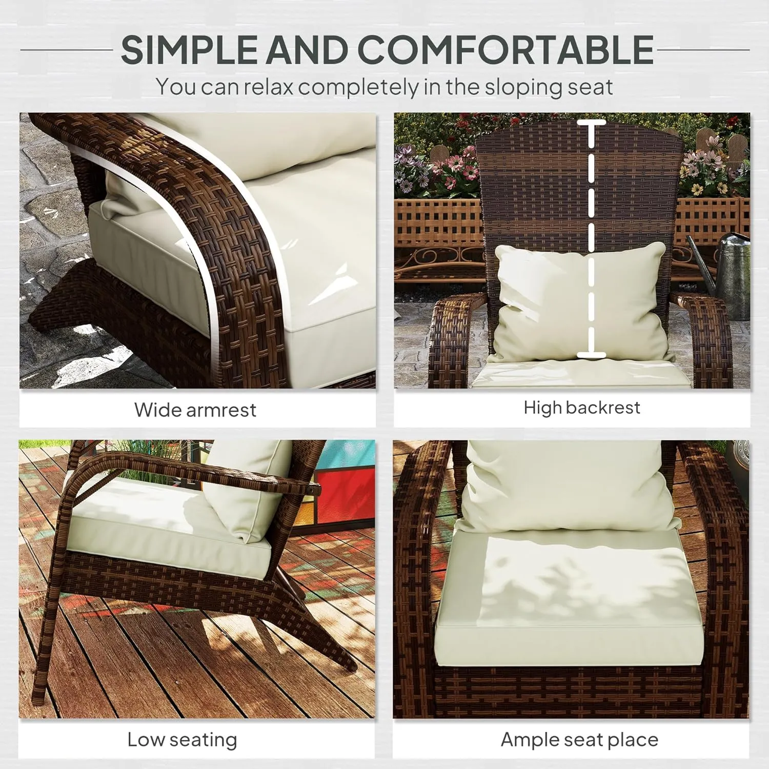 Outsunny Patio Wicker Adirondack Chair, Outdoor All-Weather Rattan Fire Pit Chair with Soft Cushions, Tall Curved Backrest and Comfortable Armrests for Deck or Garden, Mixed Brown/Cream White