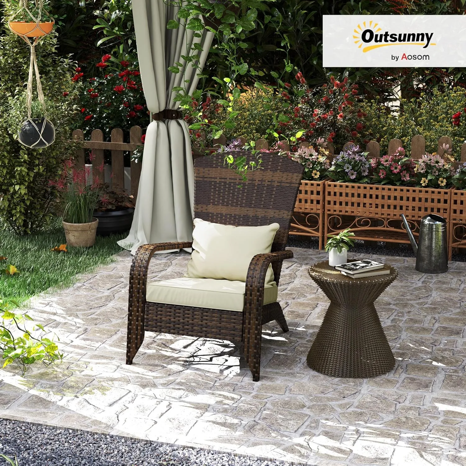 Outsunny Patio Wicker Adirondack Chair, Outdoor All-Weather Rattan Fire Pit Chair with Soft Cushions, Tall Curved Backrest and Comfortable Armrests for Deck or Garden, Mixed Brown/Cream White