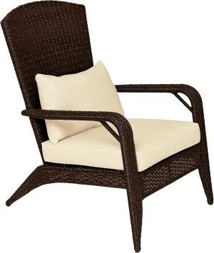 Outsunny Patio Wicker Adirondack Chair, Outdoor All-Weather Rattan Fire Pit Chair with Soft Cushions, Tall Curved Backrest and Comfortable Armrests for Deck or Garden, Mixed Brown/Cream White
