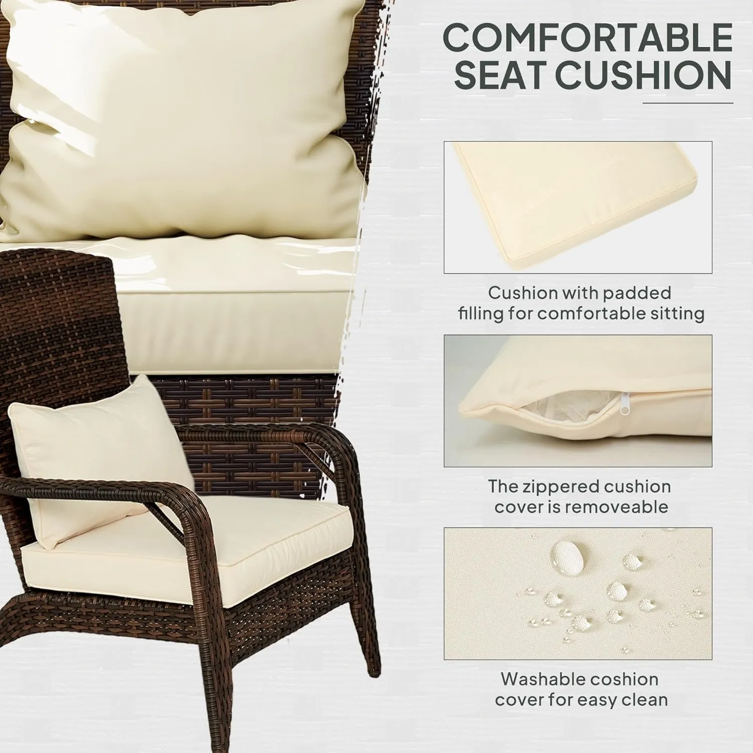 Outsunny Patio Wicker Adirondack Chair, Outdoor All-Weather Rattan Fire Pit Chair with Soft Cushions, Tall Curved Backrest and Comfortable Armrests for Deck or Garden, Mixed Brown/Cream White