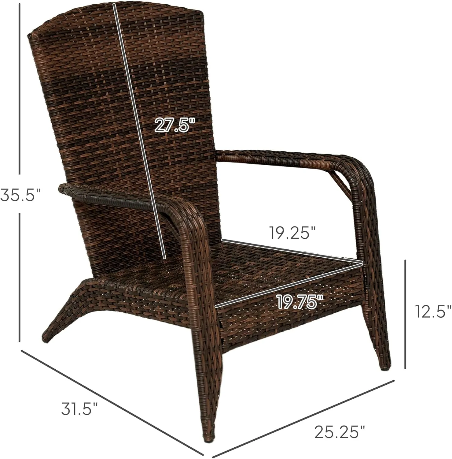 Outsunny Patio Wicker Adirondack Chair, Outdoor All-Weather Rattan Fire Pit Chair with Soft Cushions, Tall Curved Backrest and Comfortable Armrests for Deck or Garden, Mixed Brown/Cream White