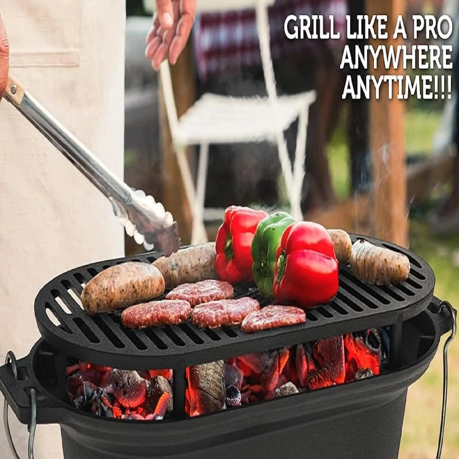 Oval Cast Iron Grill Outdoor - Portable Charcoal Grill & Tabletop Griddle, 19.6" Enameled Camping Stove with Carrying Handles,for BBQ, Tailgating & Hunting (Black,W/Carrying Handle)