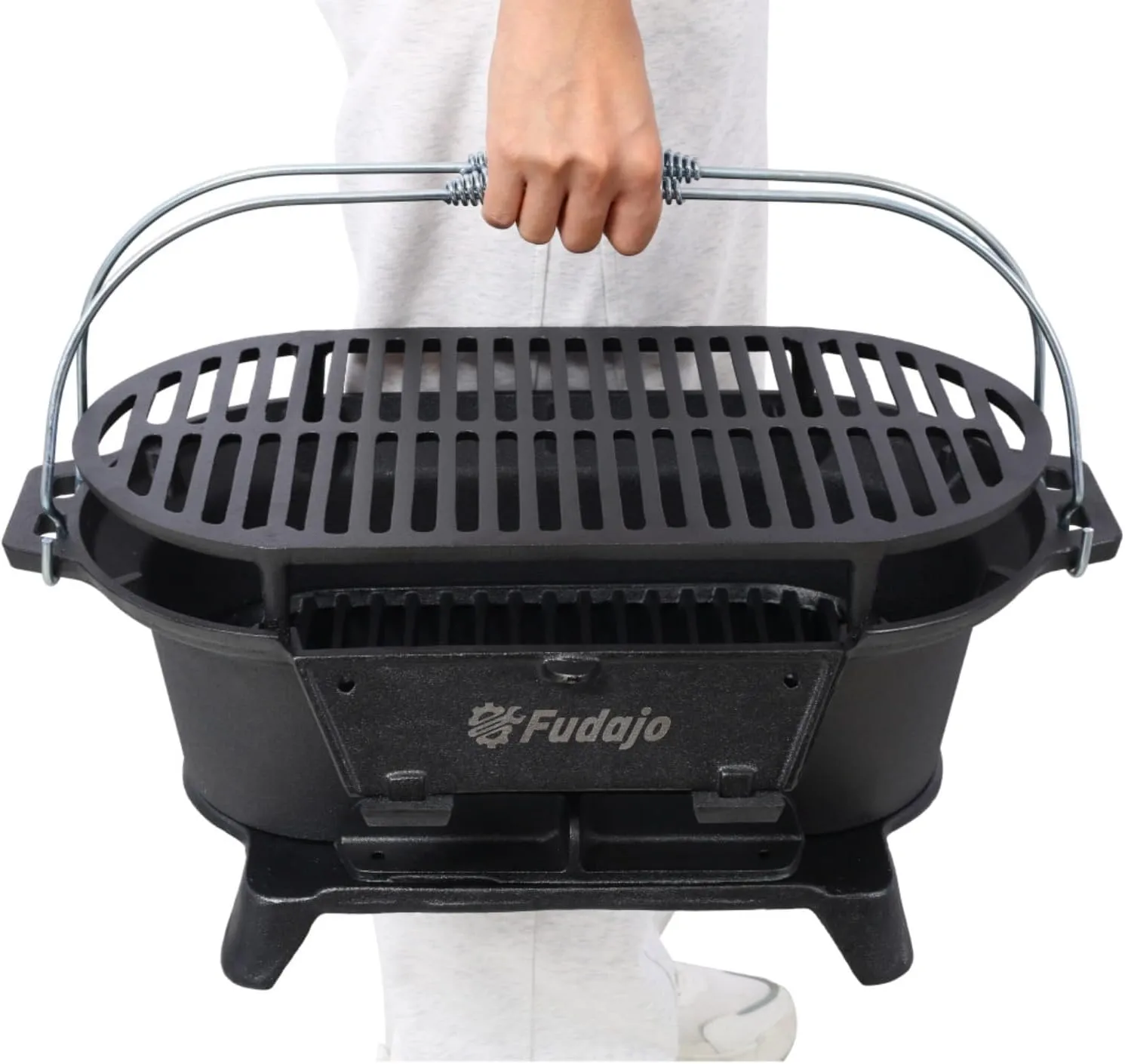 Oval Cast Iron Grill Outdoor - Portable Charcoal Grill & Tabletop Griddle, 19.6" Enameled Camping Stove with Carrying Handles,for BBQ, Tailgating & Hunting (Black,W/Carrying Handle)