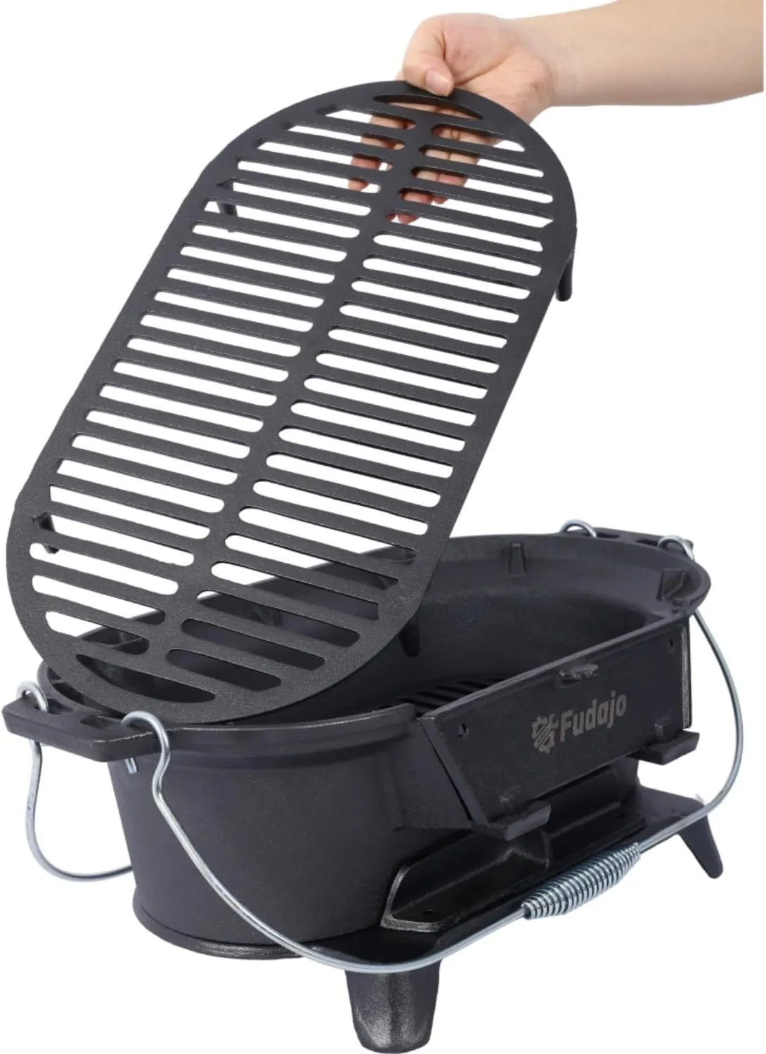 Oval Cast Iron Grill Outdoor - Portable Charcoal Grill & Tabletop Griddle, 19.6" Enameled Camping Stove with Carrying Handles,for BBQ, Tailgating & Hunting (Black,W/Carrying Handle)