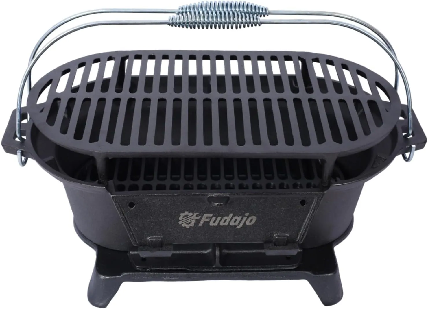 Oval Cast Iron Grill Outdoor - Portable Charcoal Grill & Tabletop Griddle, 19.6" Enameled Camping Stove with Carrying Handles,for BBQ, Tailgating & Hunting (Black,W/Carrying Handle)