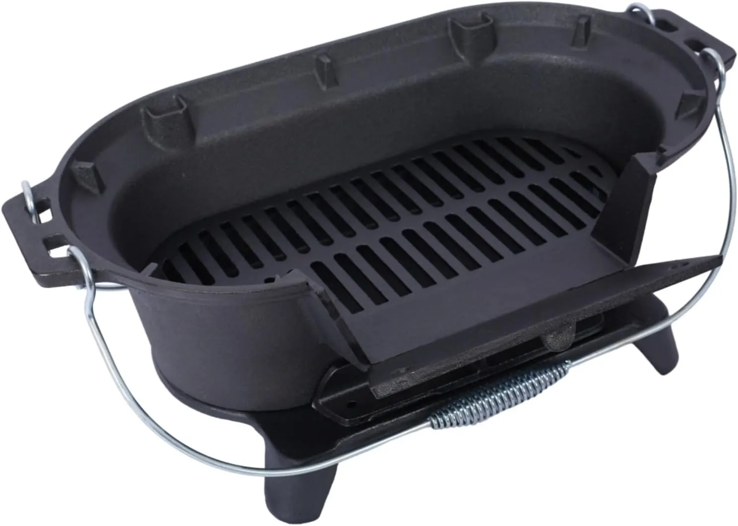 Oval Cast Iron Grill Outdoor - Portable Charcoal Grill & Tabletop Griddle, 19.6" Enameled Camping Stove with Carrying Handles,for BBQ, Tailgating & Hunting (Black,W/Carrying Handle)