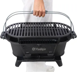 Oval Cast Iron Grill Outdoor - Portable Charcoal Grill & Tabletop Griddle, 19.6" Enameled Camping Stove with Carrying Handles,for BBQ, Tailgating & Hunting (Black,W/Carrying Handle)