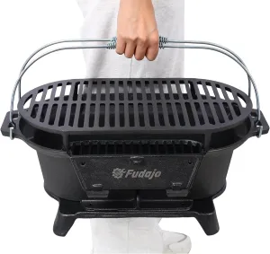 Oval Outdoor Portable Charcoal Grill and Tabletop Cast Iron Skillet - 100% Cast Iron, Enameled, Durable, Small, Camping Stove, Hibachi (Black 1)