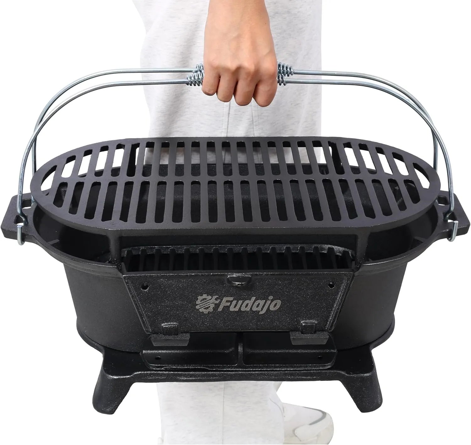 Oval Outdoor Portable Charcoal Grill and Tabletop Cast Iron Skillet - 100% Cast Iron, Enameled, Durable, Small, Camping Stove, Hibachi (Black 1)