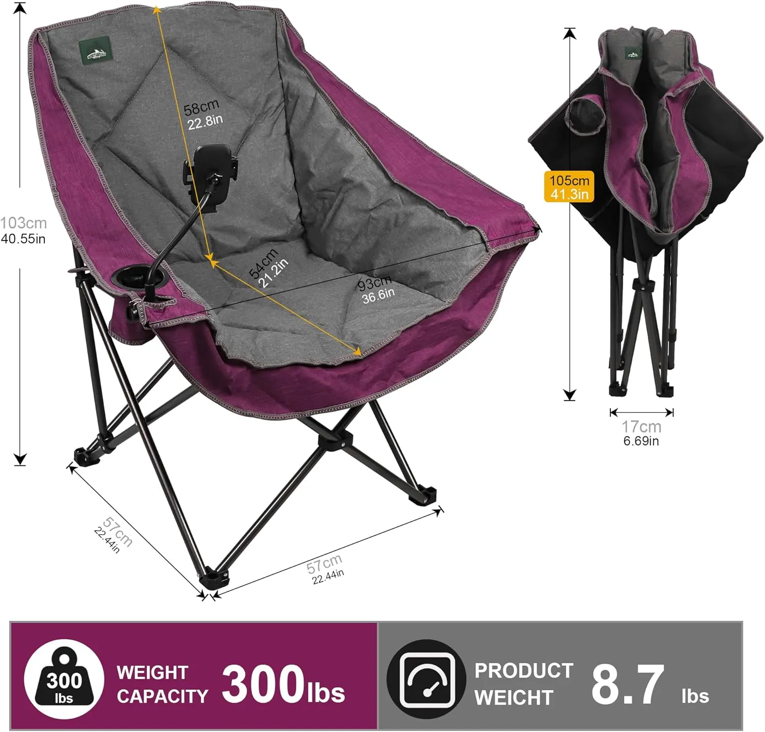 Oversized Foldable Camping Chair with Cell Phone Holder,Outdoor Padded Lawn Chair w/Cup Holder,Carry Bag for Beach, Hiking, and Picnics,Heavy-Duty 300-lbs Capacity, Purple