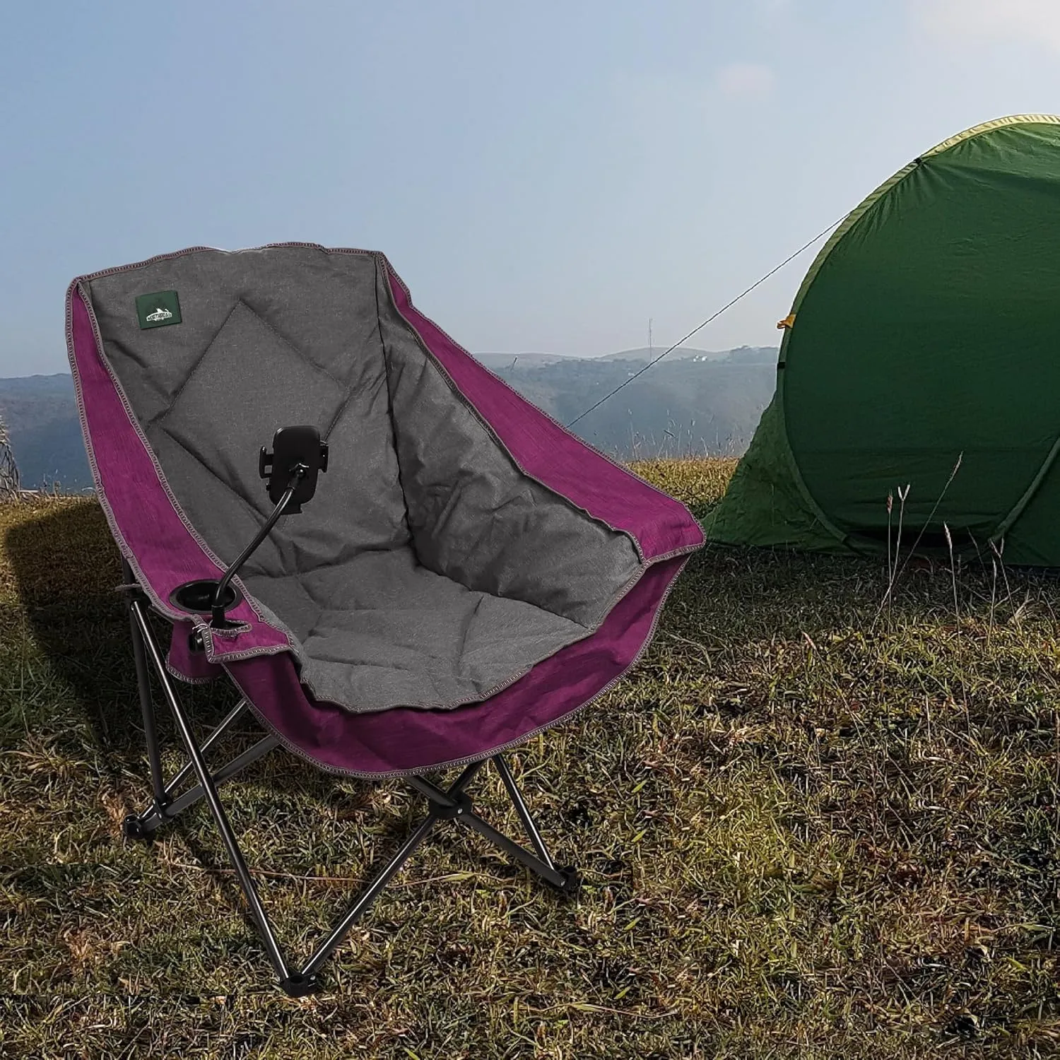Oversized Foldable Camping Chair with Cell Phone Holder,Outdoor Padded Lawn Chair w/Cup Holder,Carry Bag for Beach, Hiking, and Picnics,Heavy-Duty 300-lbs Capacity, Purple