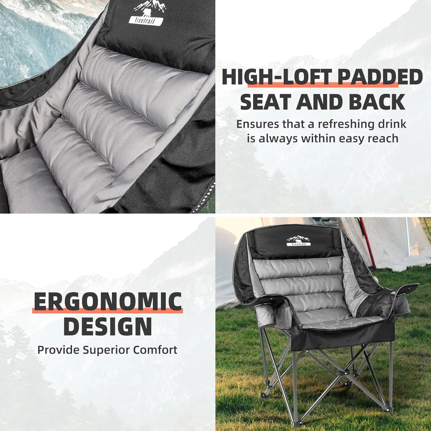 Oversized Padded Camping Chair Extra Large Camp Chairs for Adults with Side Pocket and Cup Holder, Heavy-Duty 500lbs Capacity, Black & Gray