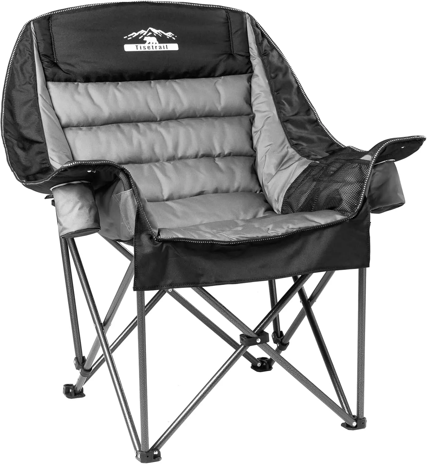 Oversized Padded Camping Chair Extra Large Camp Chairs for Adults with Side Pocket and Cup Holder, Heavy-Duty 500lbs Capacity, Black & Gray