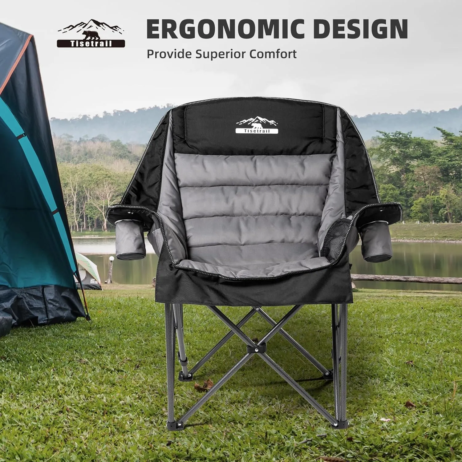 Oversized Padded Camping Chair Extra Large Camp Chairs for Adults with Side Pocket and Cup Holder, Heavy-Duty 500lbs Capacity, Black & Gray