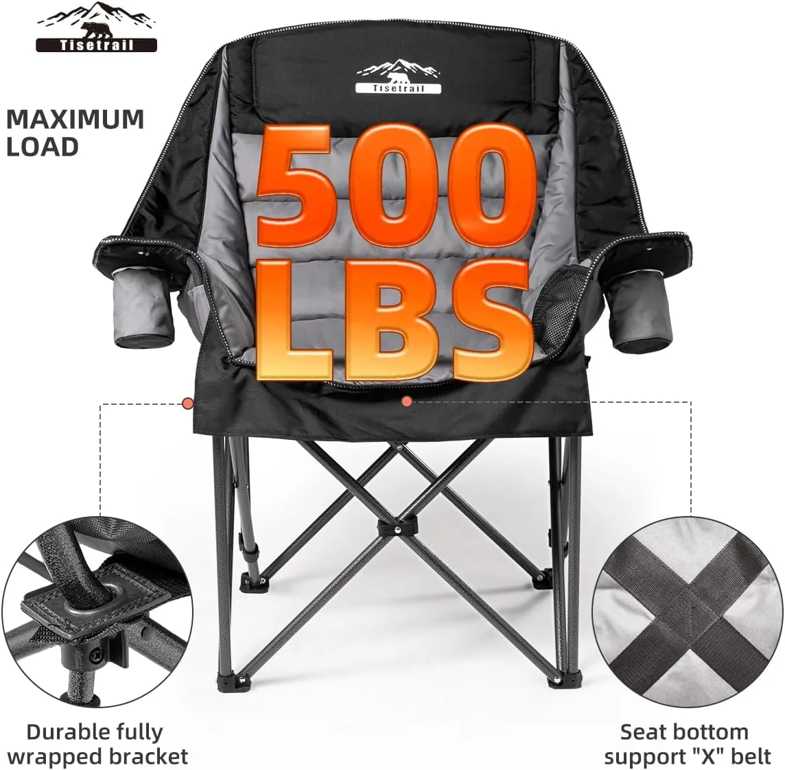 Oversized Padded Camping Chair Extra Large Camp Chairs for Adults with Side Pocket and Cup Holder, Heavy-Duty 500lbs Capacity, Black & Gray