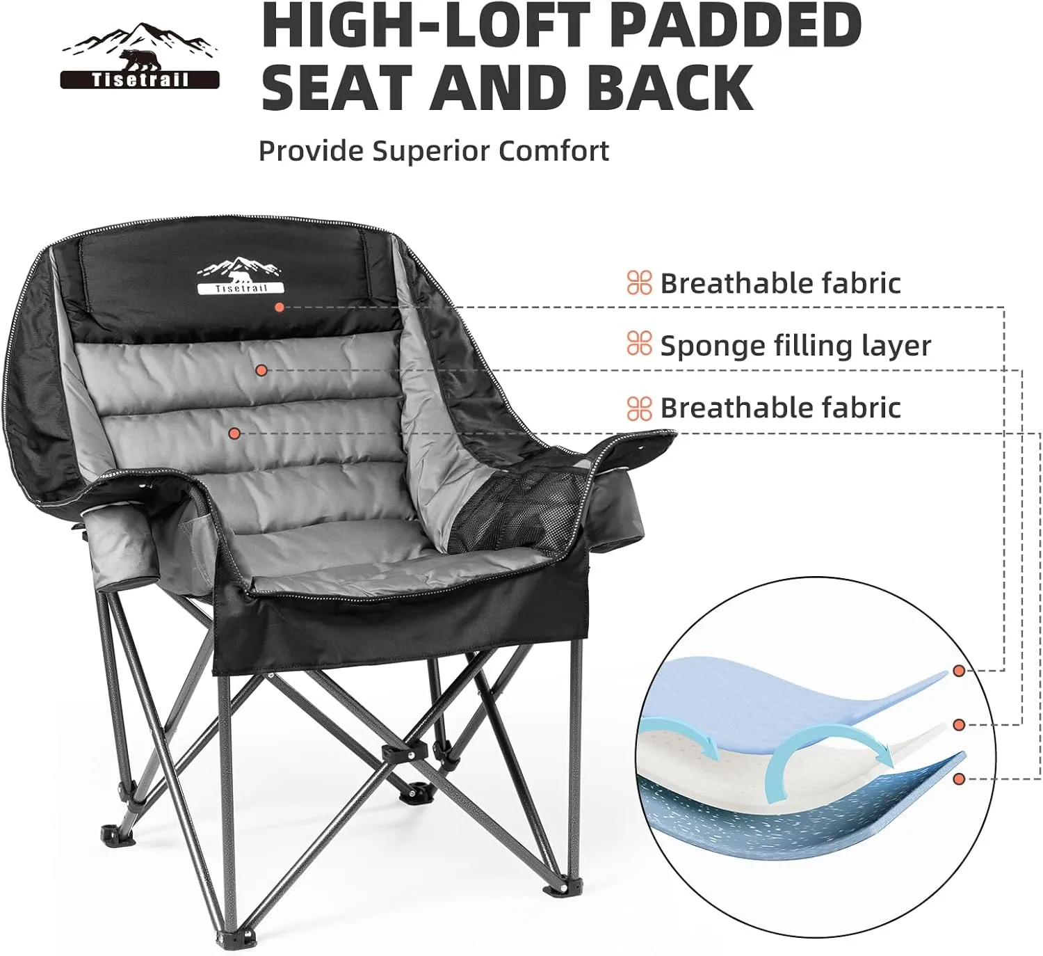 Oversized Padded Camping Chair Extra Large Camp Chairs for Adults with Side Pocket and Cup Holder, Heavy-Duty 500lbs Capacity, Black & Gray