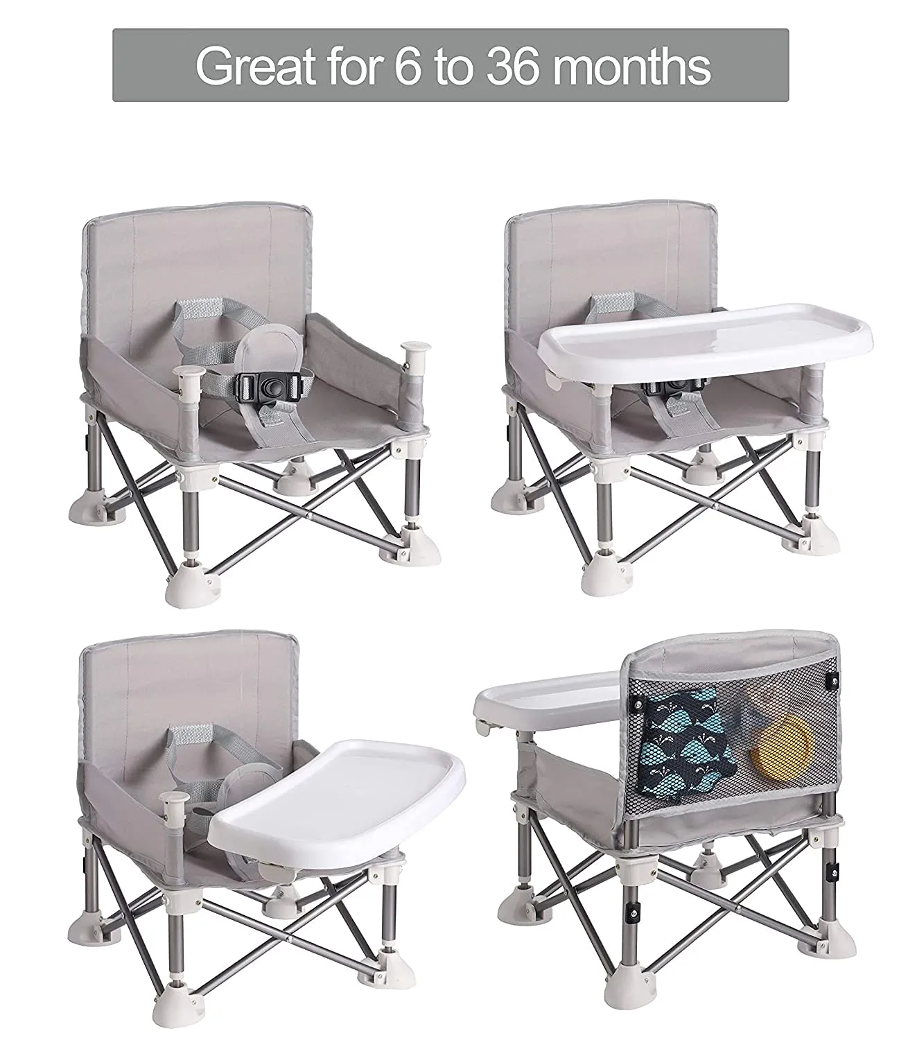 PandaEar Portable Baby Seat Travel| Compact Fold with Straps for Indoor/Outdoor Use| Great for Camping, Beach, Lawn |Toddlers, Kids, Boys, Girls (Grey with Placemat)