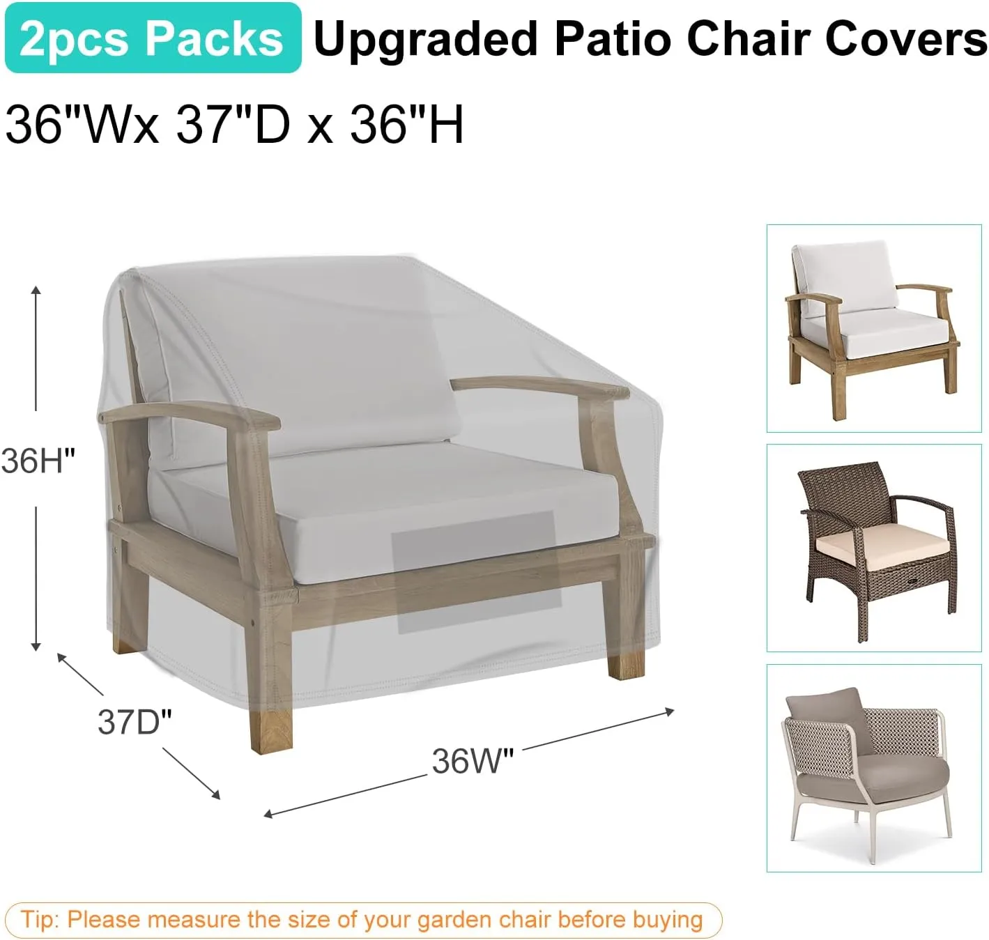 Patio Chair Covers for Outdoor Furniture - Waterproof 2 Pack, Heavy Duty, Large Covers for Lounge Lawn Deep Seat (36" W x 37" D x 36" H) - Gray