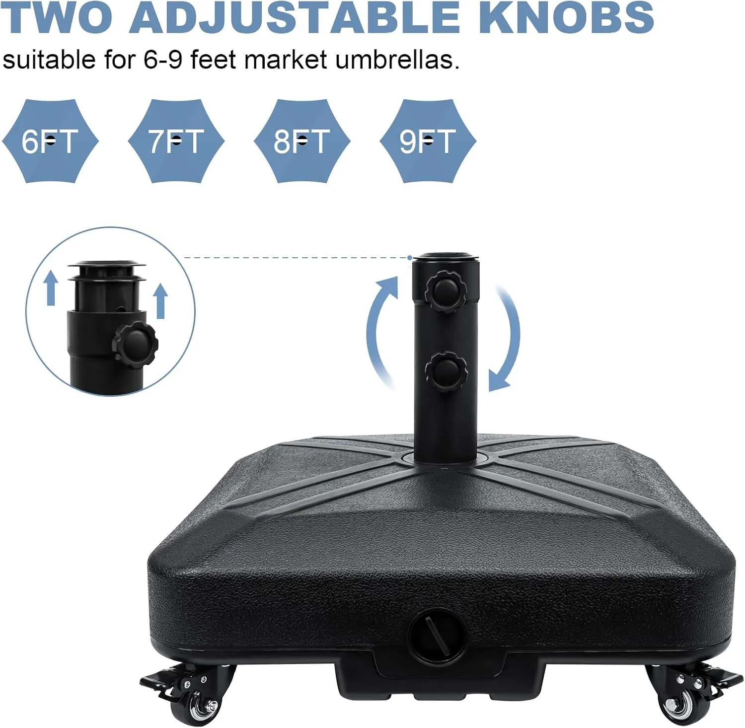 Patio Umbrella Base Heavy Duty with Wheels Square Market Stand for Outdoor 4 Locks 2 Knobs 125lb Capacity, Black