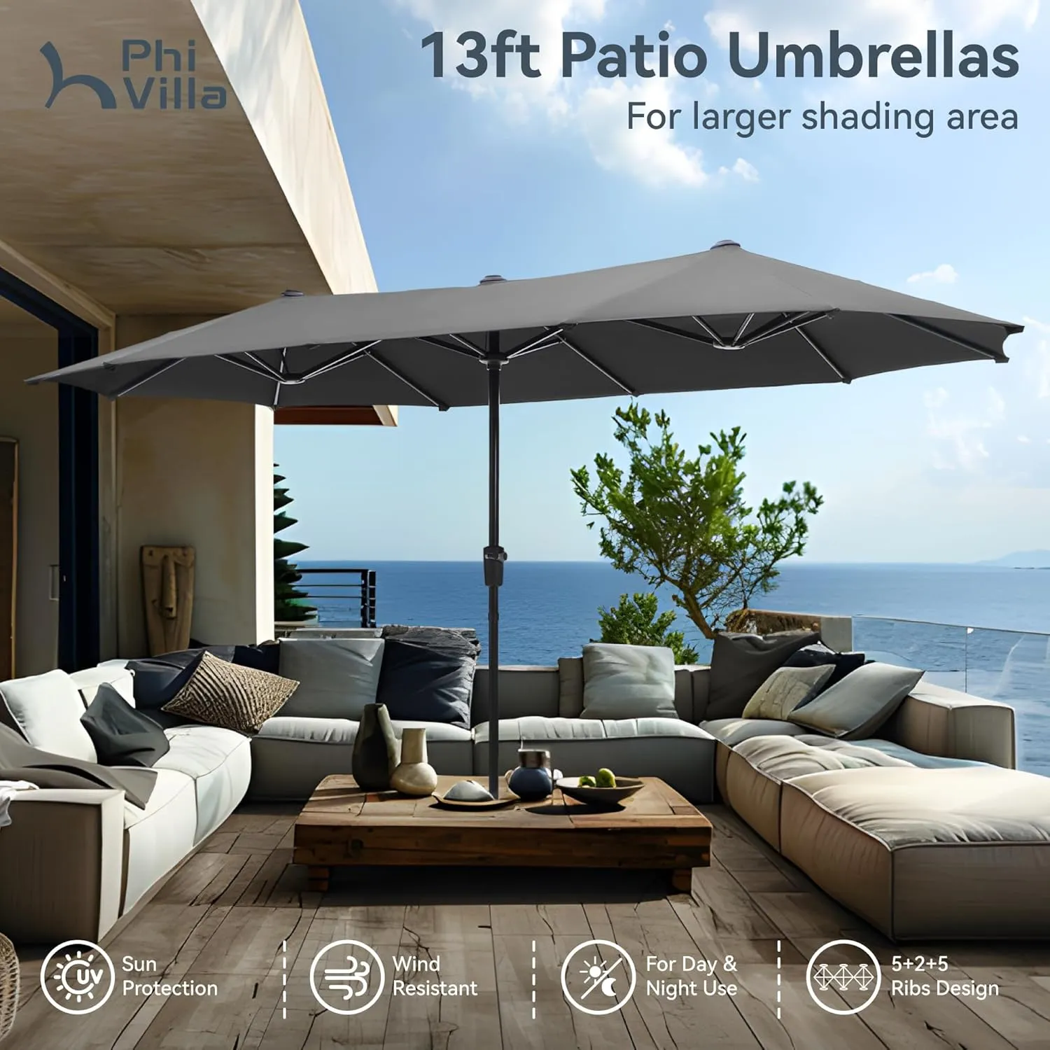 PHI VILLA 13ft Large Patio Umbrellas, Double-Sided Outdoor Market Rectangle Umbrella for Outside, Light Gray