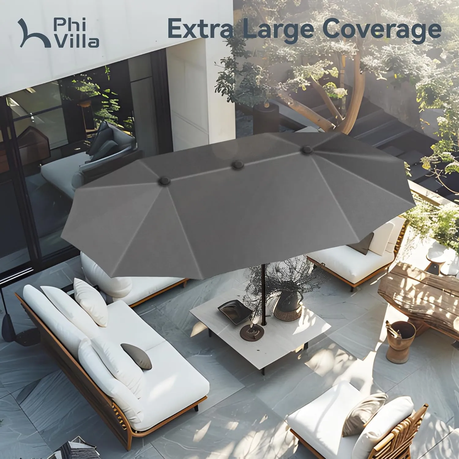 PHI VILLA 13ft Large Patio Umbrellas, Double-Sided Outdoor Market Rectangle Umbrella for Outside, Light Gray