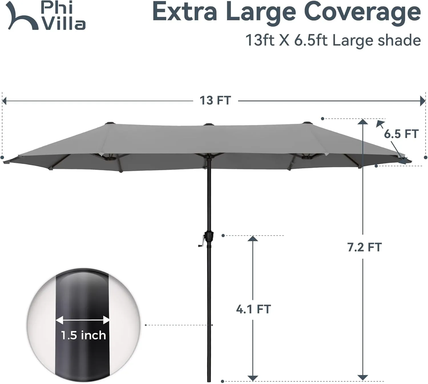 PHI VILLA 13ft Large Patio Umbrellas, Double-Sided Outdoor Market Rectangle Umbrella for Outside, Light Gray