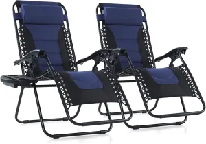 PHI VILLA Outdoor Patio Padded Zero Gravity Chair, Foldable Patio Recliner, 26" Wide Seat Anti Gravity Lounger with Cup Holder, Set of 2, Support 350 LBS (Navy Blue)